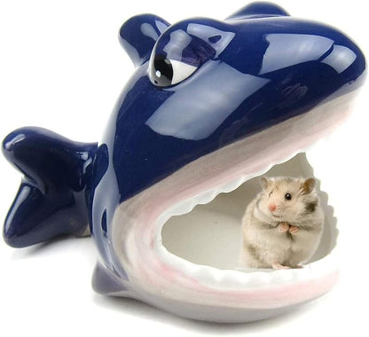 Hamster House Ceramic Shark Shape Small Pet Hideout Nest-Hamster Sand Bath-Chinchilla Dust Bath Nesting Habitat Cage Accessories(Shark)