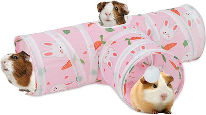 Rypet Guinea Pig Tunnel 3 Way Collapsible Small Pet Tunnels and Tubes with Interactive Ball for Baby Rabbit Ferret Hamster Chinchilla Hedgehog Hiding and Resting-Pink
