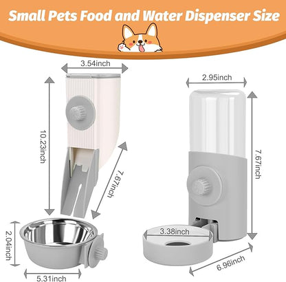 Yummy Sam Hanging Cage Automatic Small Pet Food Bowl Water Bottle Dispenser, Kennel 500ML Waterer and Auto Gravity Pet Feeder Set with Separate Food Bowl Crate Feeder Dish for Puppy Cats Rabbit (Grey)