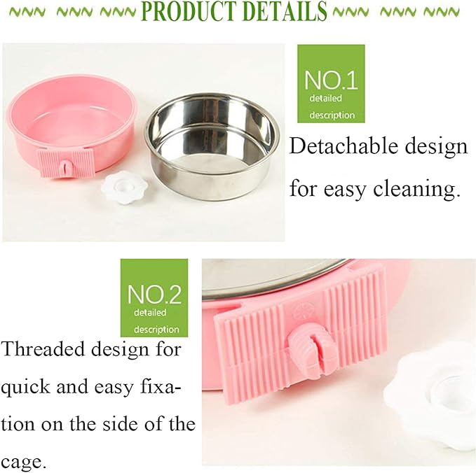 kathson Crate Dog Bowl, Removable Stainless Steel Hanging Pet Cage Bowl Food & Water Feeder Coop Cup for Cat, Puppy, Birds, Rats, Guinea Pigs 4pcs(2×Blue,1×Pink,1×Green)