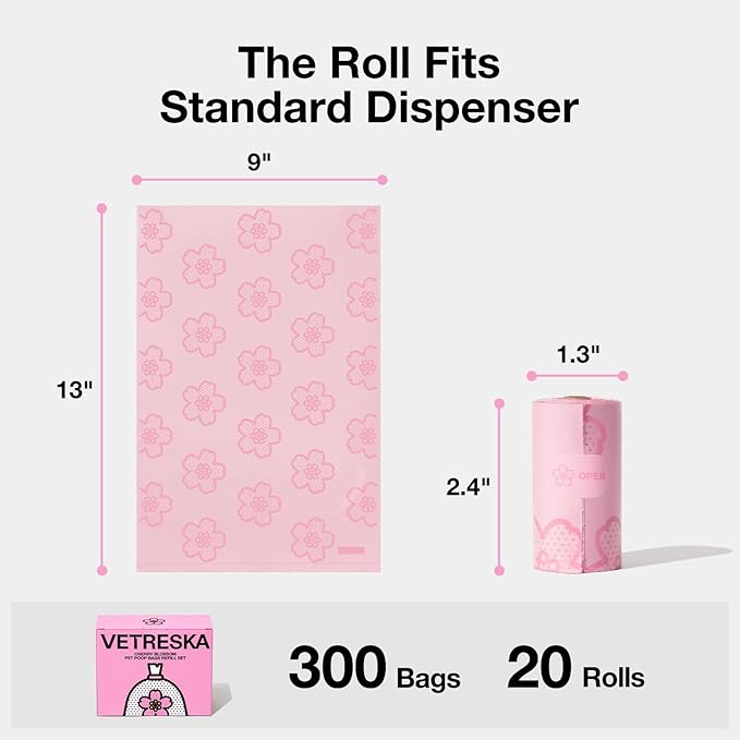 VETRESKA Cherry Blossom Scented Dog Poop Bags, Leak Proof, Extra Thick and Large Pet Waste Bags for Dog Walking and Cat Litter, 20 Refill Rolls, 300 Bags, Pink
