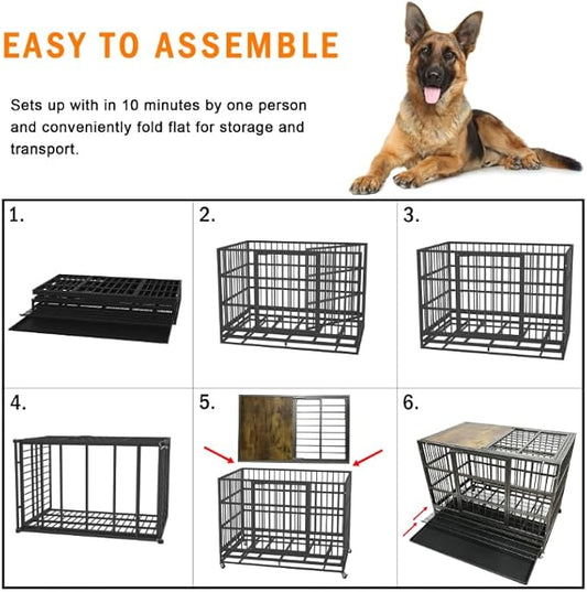54/48/42/38 Inch Heavy Duty Funiture Dog Crate with Wheels, Indestructible and Escape Proof Wooden Kennel Indoor for High Anxiety Dogs with Double Door and Tray, Extra Large XL XXL