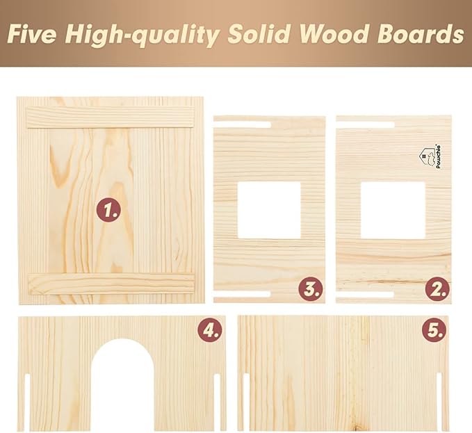 PAWCHIE Wooden Hut for Guinea Pig with Windows - Detachable and Large Size Wood House, Suitable for Guinea Gigs, Hamsters, Chinchillas and Other Small Animals Hideout