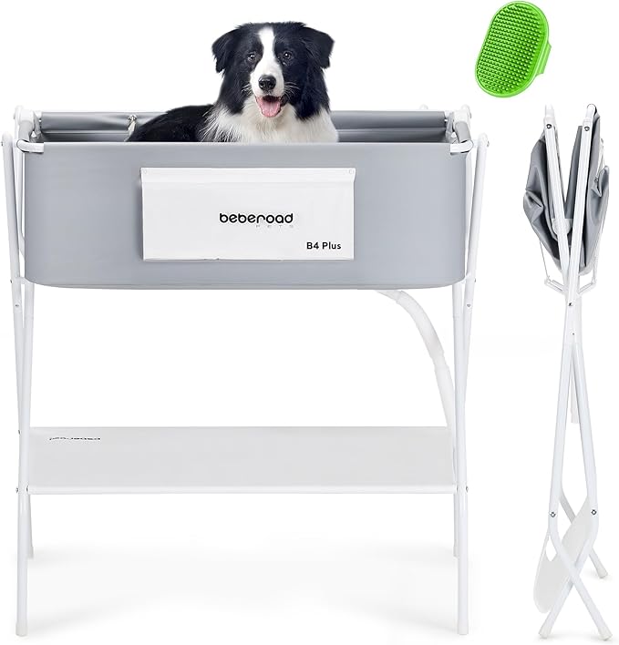 B4 Plus Dog Bathtub Dog Washing Station with Scrubber for Medium Dogs Under 66lbs or Two Small Pets, Foldable Dog Tub for Bathing and Grooming, Portable Collapsible Dog Shower Tub
