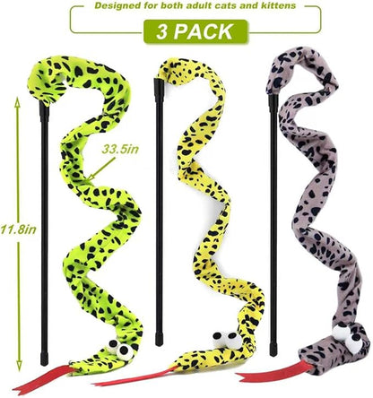 Interactive Cat Toy Wand with Catnip Mouse, Cat Teaser Wand Rainbow String for Bored Indoor Adult Cats and Kittens (3 Pack Snake)
