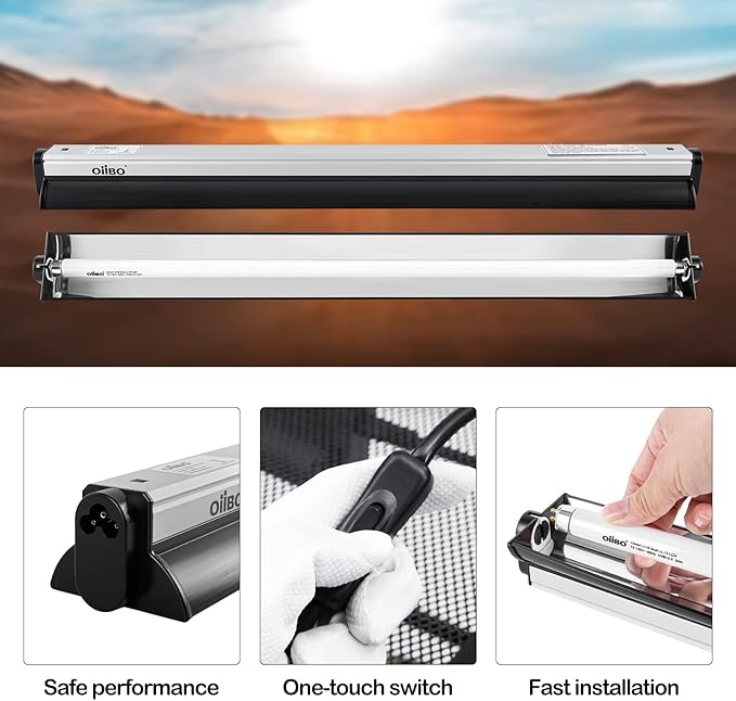 Oiibo T5 UVB Reptile Lighting Combo Kit, Reptile Light Fixture with Desert 12.0 UVB Bulb High Output T5 HO UVB Reptile Light with Detachable Curved Reflector(24W)