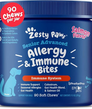 Zesty Paws Dog Allergy Relief - Anti Itch Supplement - Omega 3 Probiotics for Dogs - Stop Paw Licking - Soft Chews for Skin Health & Seasonal Allergies - with Epicor Pets - Senior - Salmon - 90 Count