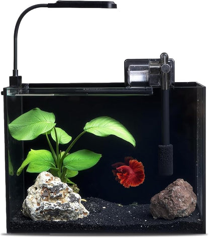 2.5 Gallon Glass Small Fish Tank Kit, Betta Fish Tank Aquarium Starter Kit with Filter, Lights, Lid, for Betta, Goldfish, Small Fish or Shrimp