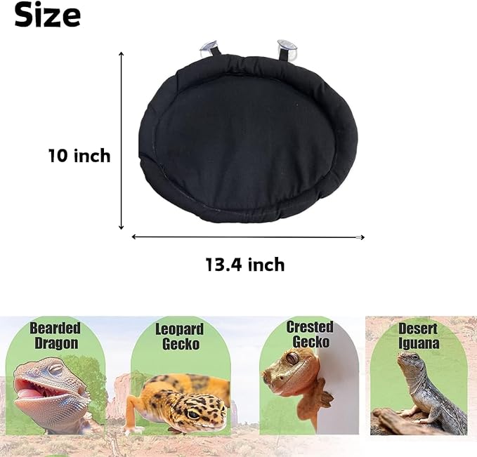 Bearded Dragon Bed with Suction Cup Soft Sleep Cushion Mat Washable for Travel Reptile Tank Pad Small Animal Carrier for Lizard Leopard Gecko Hamster Rat Bunny (Black)