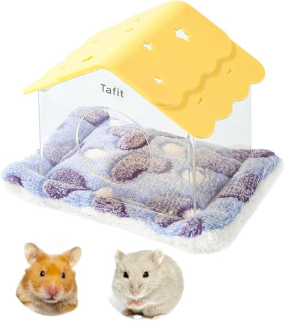 TUTU&LELE Hamster Hideout, Tiny House Habitat, Starry Sky Hideout Nest,Hamster Bed with Plush Cushion for Dwarf Hamsters, Mice, Gerbils, Hamsters to Play, Sleep and Rest (Yellow)