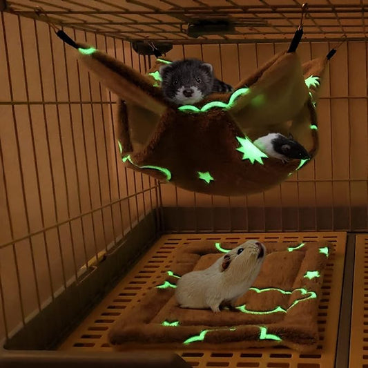 LEFTSTARER Noctilucent Luminous Guinea Pig Rat Hammock Bunkbed Hanging Tunnel and Soft Bed Mat for Ferret Hedgehog Squirrel Hideout Cage Accessories (3.Bunkbed Hammock and Mat)