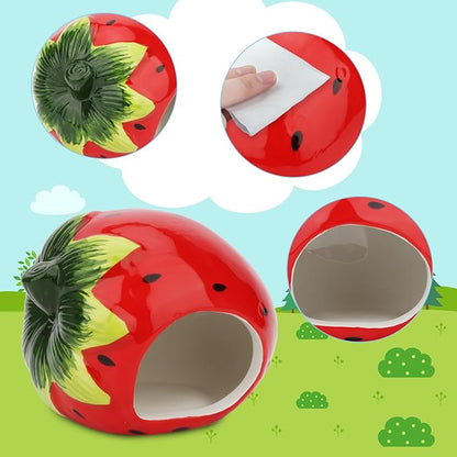 Hypeety Dwarf Hamster Hideout Adorable Cartoon Shape Hamster House Chinchilla Mini Hut Small Animal Ceramic Hideout Cave (Strawberry)