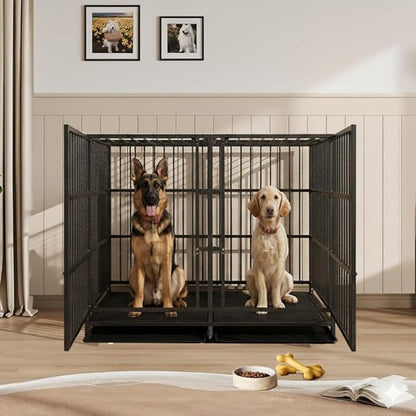 54 Heavy Duty Indestructible and Escape-Proof Dog Crate Cage Kennel with Divider for 2 Large Dogs, High Anxiety Dog Crate with Removable Wires Trays and Wheels, Extra Large XL XXL