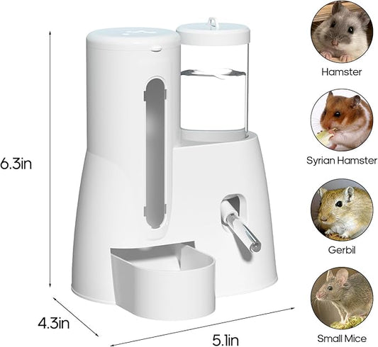 2 in 1 Hamster Water Bottle - Automatic Food Bowl, No Drip Small Animal Water Bottle Dispenser, for Syrian Dwarf Hamsters, Gerbils, Mouse, Hedgehog, Hamster Cage Accessories (White, Large)