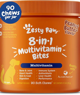 Zesty Paws Multivitamin Treats for Dogs, Glucosamine Chondroitin Joint Support + Digestive Enzymes & Probiotics, Grain Free Dog Vitamins and Supplements for Skin & Coat, Peanut Butter - 90ct
