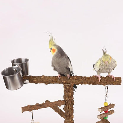 Natural Wood Parrot Stand - Ideal Toy & Accessory for Parakeets, Canaries, Cockatiels, Conure, Lovebirds - Large Bird Perch Stand with Removable Tray and Feeder Cups - Perfect Pet Birds Playstand