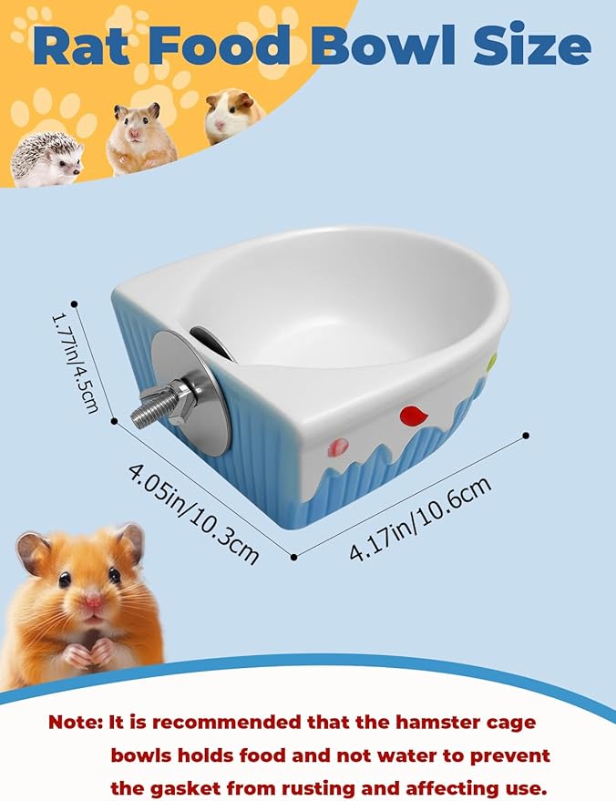 Chinchilla Food Bowl Ceramic Guinea Pig Cage Feeder Hanging Bunny Food Dish Small Animal Feeding Bowls for Syrian Hamster Ferret Gerbils (Blue)