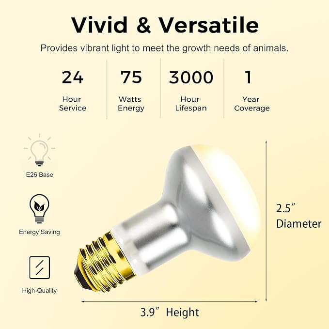 Reptile Heat Lamp 75W, 2 Pack Intense UVA Basking Light Bulbs, Flat-Base Heat Emitter, Heat Lamp Bulb for Reptile Chickens Pet Brooder