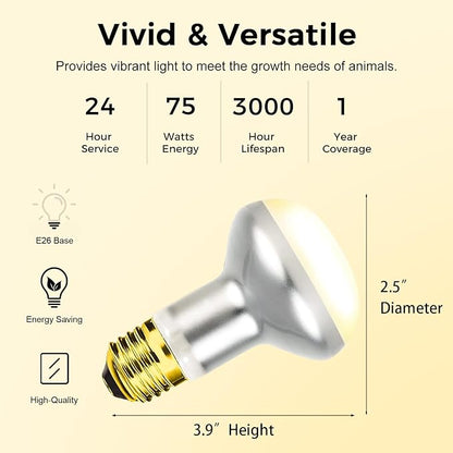 Reptile Heat Lamp 75W, 2 Pack Intense UVA Basking Light Bulbs, Flat-Base Heat Emitter, Heat Lamp Bulb for Reptile Chickens Pet Brooder