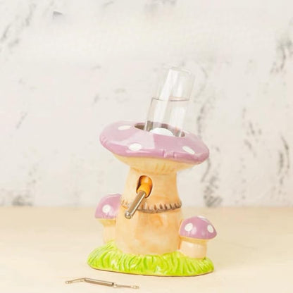 Ceramic Hamster Water Bottle with Stand & 80ML Water Bottle, Water Dispenser for Small Animal, Water Bottle Holder Auto Water Feeding Bottles for Syrian Dwarf Hamster Mice Gerbil (Mushroom Shape, Red)