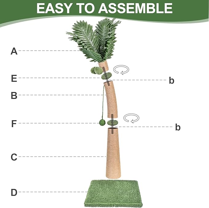 40'' Tall Cat Scratching Post Cat Tree, Curved Design Cat Scratcher Post with 3 Interactive Balls, Natural Sisal Rope Cat Scratching Posts for Indoor Cats Adults Kittens, Multi-Combinable (Style A)