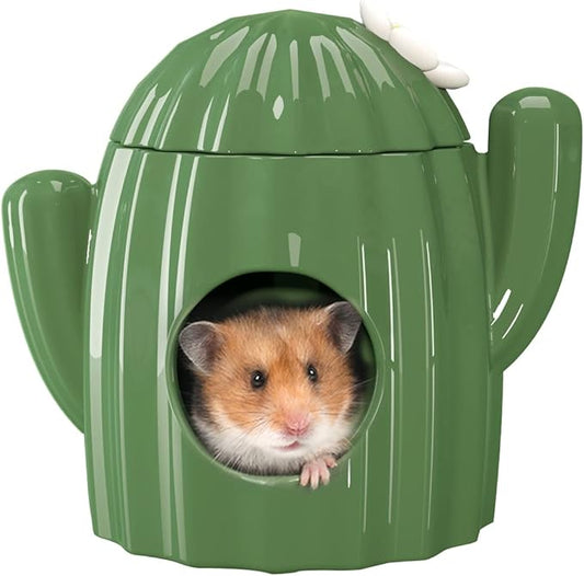 BUCATSTATE Hamster Hideout Ceramic - Cactus Shape Hamster House and Habitats Cool Bed Ideal for Summer Dwarf Hamster Gerbil Mice Golden Bear (Green-Large)