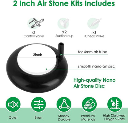 hygger Aquarium Air Stone, Fish Tank Bubbler, Nano Furnace Flue Round Stone Disk, Small Bubbles and High Dissolved Oxygen, with 2 Suction Cups, 1 Adjust Valve, 1 Check Valve (2 Inch)