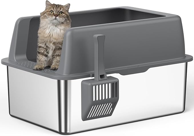 Zarler Stainless Steel Litter Box with Lid, 8” Deep Extra Large Cat Litter Boxes, XL Metal Litter Box for Big Cats with High Sided, Grey (Non-Sticky, Easy to Clean, Anti-Urine Leakage)