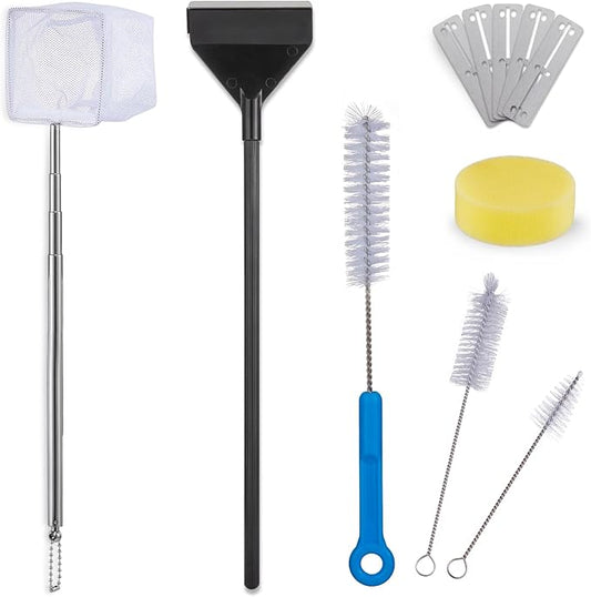 Fish Tank Cleaning Kit: Algae Scraper for Aquariums Glass Scrubber Cleaner Tools with Handle - 7 in 1 Betta Fish Tanks Cleaning Accessories Set Including Fishing Net Sponge Brush Pump Brush