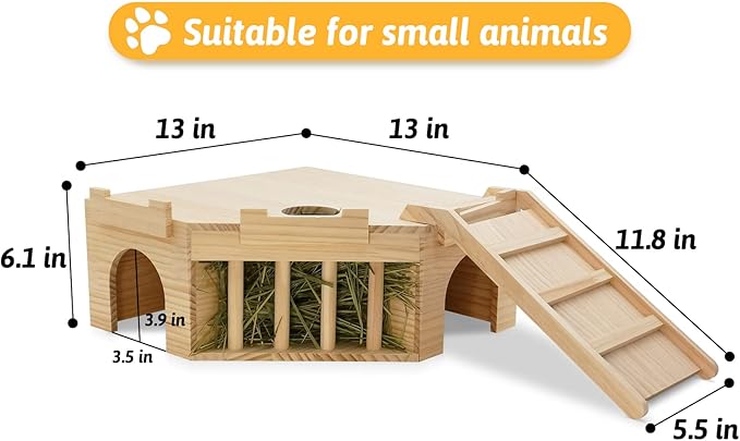 Fhiny Guinea Pig Wooden Castle with Hay Holder, Ventilated Chinchilla Hideout with Feeding Bowl Ladder, Small Animal Multi Chamber Hideaway for Young Guinea Pigs Chinchillas Hedgehogs