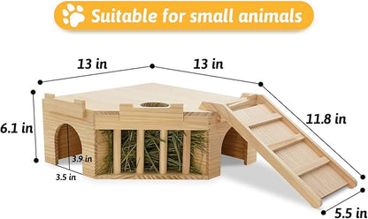 Fhiny Guinea Pig Wooden Castle with Hay Holder, Ventilated Chinchilla Hideout with Feeding Bowl Ladder, Small Animal Multi Chamber Hideaway for Young Guinea Pigs Chinchillas Hedgehogs