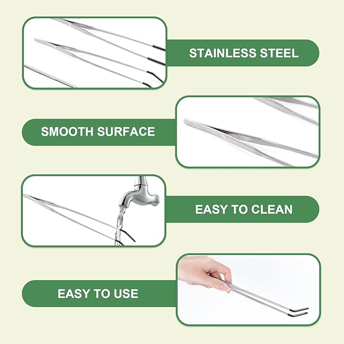 3Pcs Reptile Feeding Tool Set, 2 Tipped Tongs and 1 Feeding Spoon, Stainless Steel Crested Gecko Feeding Spoon for Geckos, Lizards, Bearded Dragons, Small Animals (Silver)