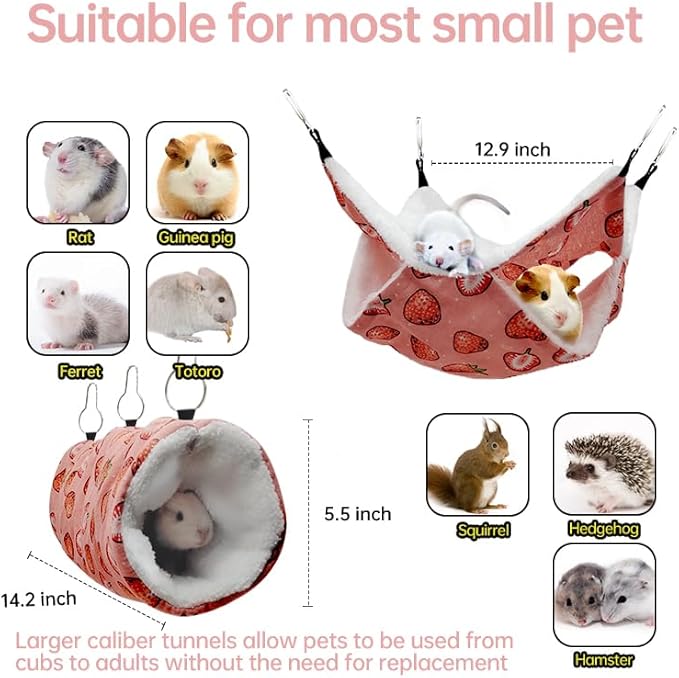 Rat Ferret Hammock Toys Cage Accessories, Guinea Pig Hideout Tunnel, Warm Bed for Rat Ferret Guinea Pig Sleep Hide and Play (2.Hammock+Tunnel)