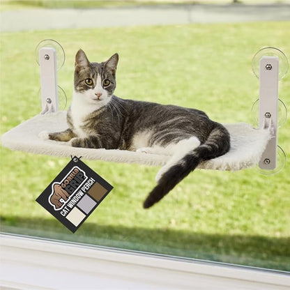 GORILLA GRIP Cat Window Perch, Foldable Cat Window Hammock Bed with 6 Large Suction Cups, Cordless Indoor Wall Shelves, Strong Metal Frame Holds 30lbs, Reversible Washable Sherpa Cover, Small Beige