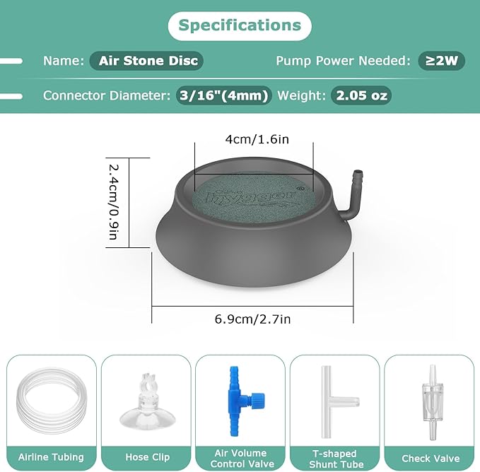 hygger Aquarium Air Stone, Fish Tank Bubbler Aerator with Stainless Steel Base, Oxygen Diffuser for Nano Air Pumps Hydroponics Small Ponds and Fish Tanks