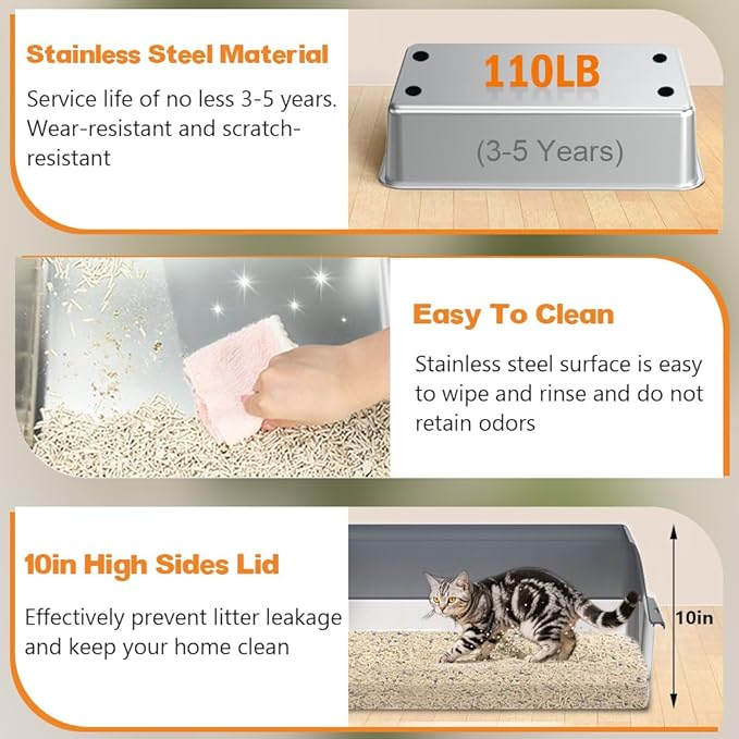 Vivifying Stainless Steel Cat Litter Box, XL Extra Large Semi-Enclosed Metal Pan with Side Entry, Scoop Included, Open Top Potty for Indoor Big Cats & Kitty, Easy to Clean & Odor Resistant (Gray)