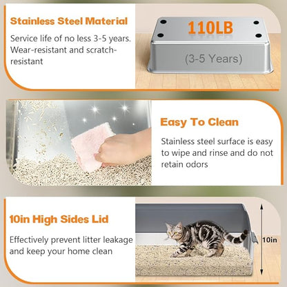 Vivifying Stainless Steel Cat Litter Box, XL Extra Large Semi-Enclosed Metal Pan with Side Entry, Scoop Included, Open Top Potty for Indoor Big Cats & Kitty, Easy to Clean & Odor Resistant (Gray)
