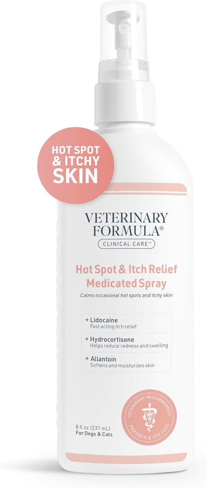 Veterinary Formula Clinical Care Hot Spot & Itch Relief Medicated Spray, 8oz – Easy to Use Spray for Dogs & Cats – Helps Alleviate Sensitive Skin, Scratching, and Licking of Coat (1 Pack)