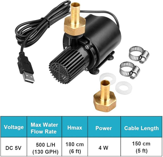 Submersible Clear Water Pump, 4W USB Powered Fountain Circulation Pump for Aquarium