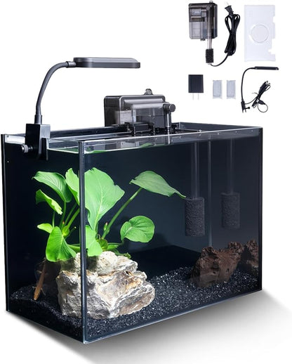 2.5 Gallon Glass Small Fish Tank Kit, Betta Fish Tank Aquarium Starter Kit with Filter, Lights, Lid, for Betta, Goldfish, Small Fish or Shrimp