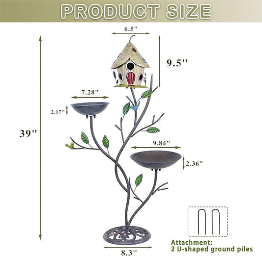 39" H Cast Iron Pedestal Bird Bath, Bird Baths for Outdoors with Metal Bird House Bird Feeder 3-in-1, Garden Yard Lawn Decor