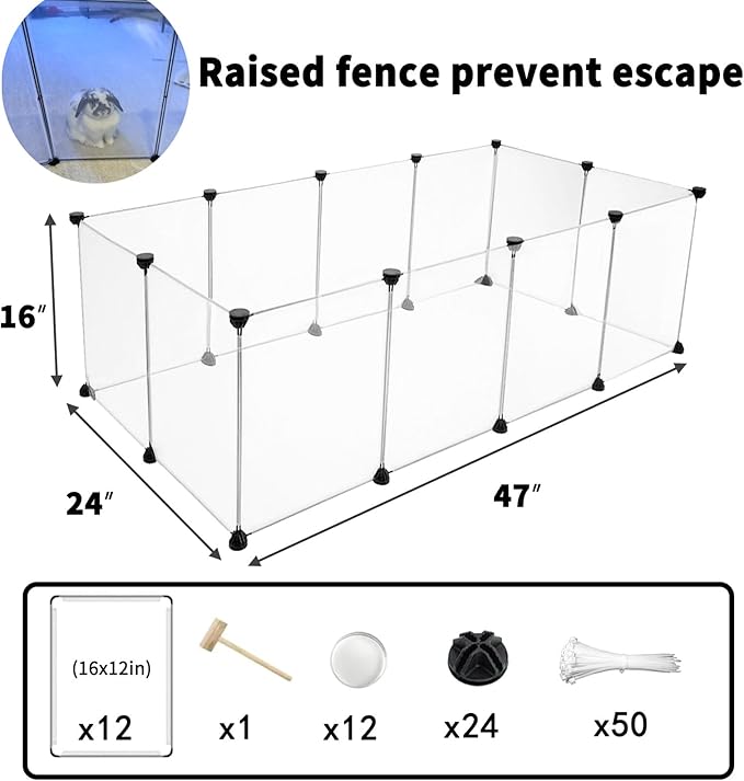 12 Panels Pet Playpen 16”x12” Plastic Rabbit Cage Small Animal Playpen, Pet Fence Indoor, DIY Enclosure for Guinea Pigs, Bunny, Hamsters, Hedgehogs (Matting)