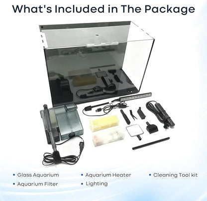 10 Gallon Aquarium Set Glass Fish Tank, with Heater Self Cleaning System Filter with Media Bright Light Cleaning Tool, Leak-Proof Clear Rimless Betta Tropical Freshwater Fish