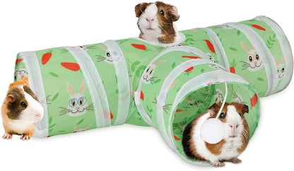 Rypet Guinea Pig Tunnel 3 Way Collapsible Small Pet Tunnels and Tubes with Interactive Ball for Baby Rabbit Ferret Hamster Chinchilla Hedgehog Hiding and Resting-Green