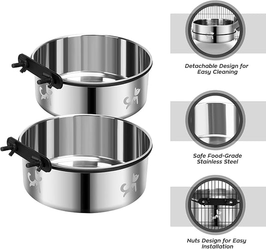 Dog Crate Water Bowl No Spill, Dog Crate Bowls Hanging 2 Pack, Kennel Water Bowl Mountable, Stainless Steel Coop Cup, Pet Cage Accessories, Food Dish Feeder for Cat Puppy Rabbit Bunny Bird Ferret