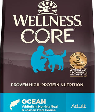 Wellness CORE Grain-Free High-Protein Dry Dog Food, Natural Ingredients, Made in USA with Real Meat, All Breeds, For Adult Dogs (Ocean Whitefish, Herring & Salmon, 26-Pound Bag)