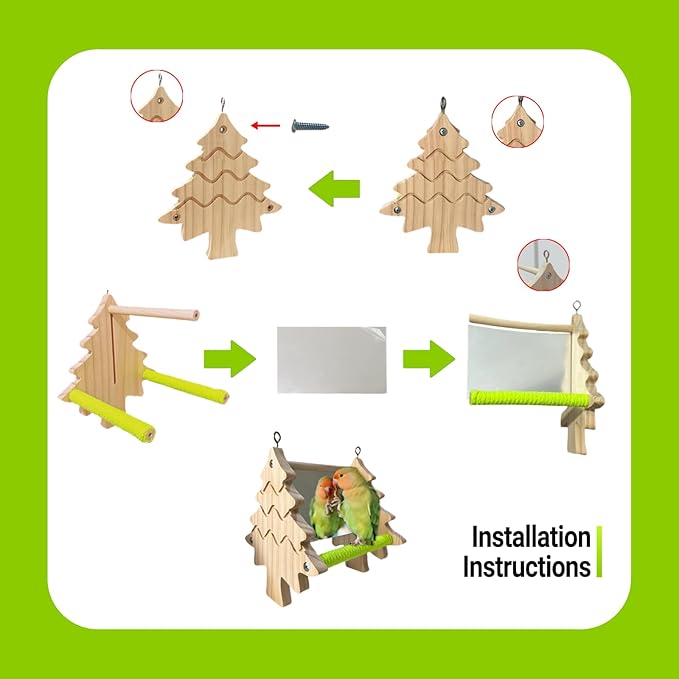 Bird Toys, Wooden Swing with Mirror and Perches for Cage, Bird Cage Accessories for Budgie, Lovebird, Green Cheek, Cockatiel, Conure, Quaker, Caique and Other Small to Medium Birds