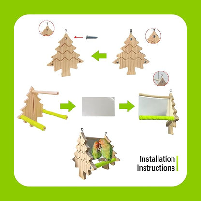 Bird Toys, Wooden Swing with Mirror and Perches for Cage, Bird Cage Accessories for Budgie, Lovebird, Green Cheek, Cockatiel, Conure, Quaker, Caique and Other Small to Medium Birds