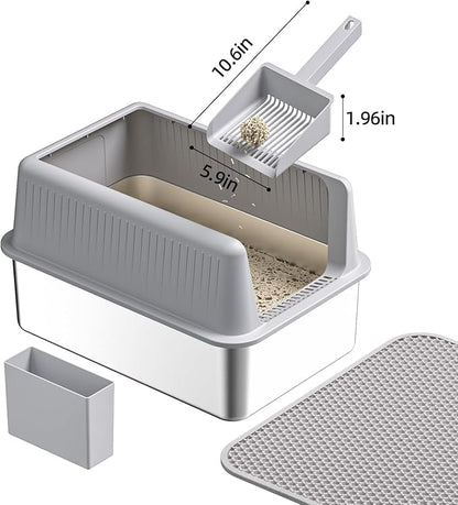 Stainless Steel Cat Litter Box with Lid,XL,19.7”L x 13.8”W x 11.8”H Deep,Metal Litter Box with High Side,for Small and Large Cats,with a Scoop and Scoop Storage Box Litter Mat Double,Easy Cleaning