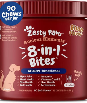 Zesty Paws Dog Multivitamin, Chewable Dog Vitamins and Supplements for Hip & Joints, Skin & Coat, Omega 3 Fish Oil for Dogs- Senior & Puppy Multivitamin - Bison- 90ct